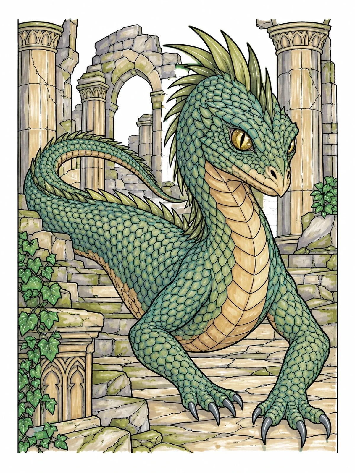 Colored example of the Reptilian Basilisk In Ancient Temple Ruins coloring page