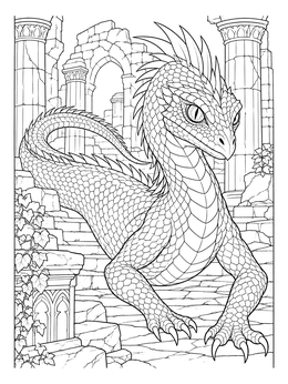 A detailed basilisk crawls across temple ruins in this monster coloring page.