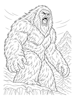 A massive roaring yeti stands on snowy peaks in this monster coloring page.
