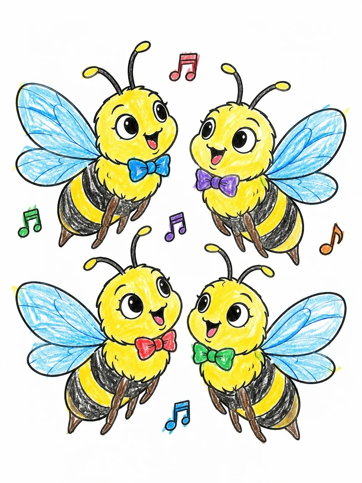Colored example of the Singing Bumblebee Quartet Chorus coloring page