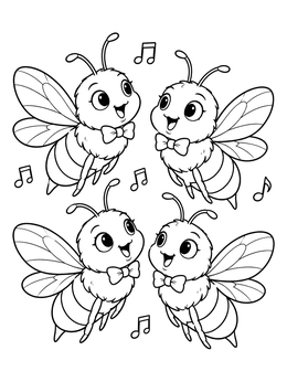 A sweet quartet of flying bumblebees in bow ties singing on this monster coloring page.