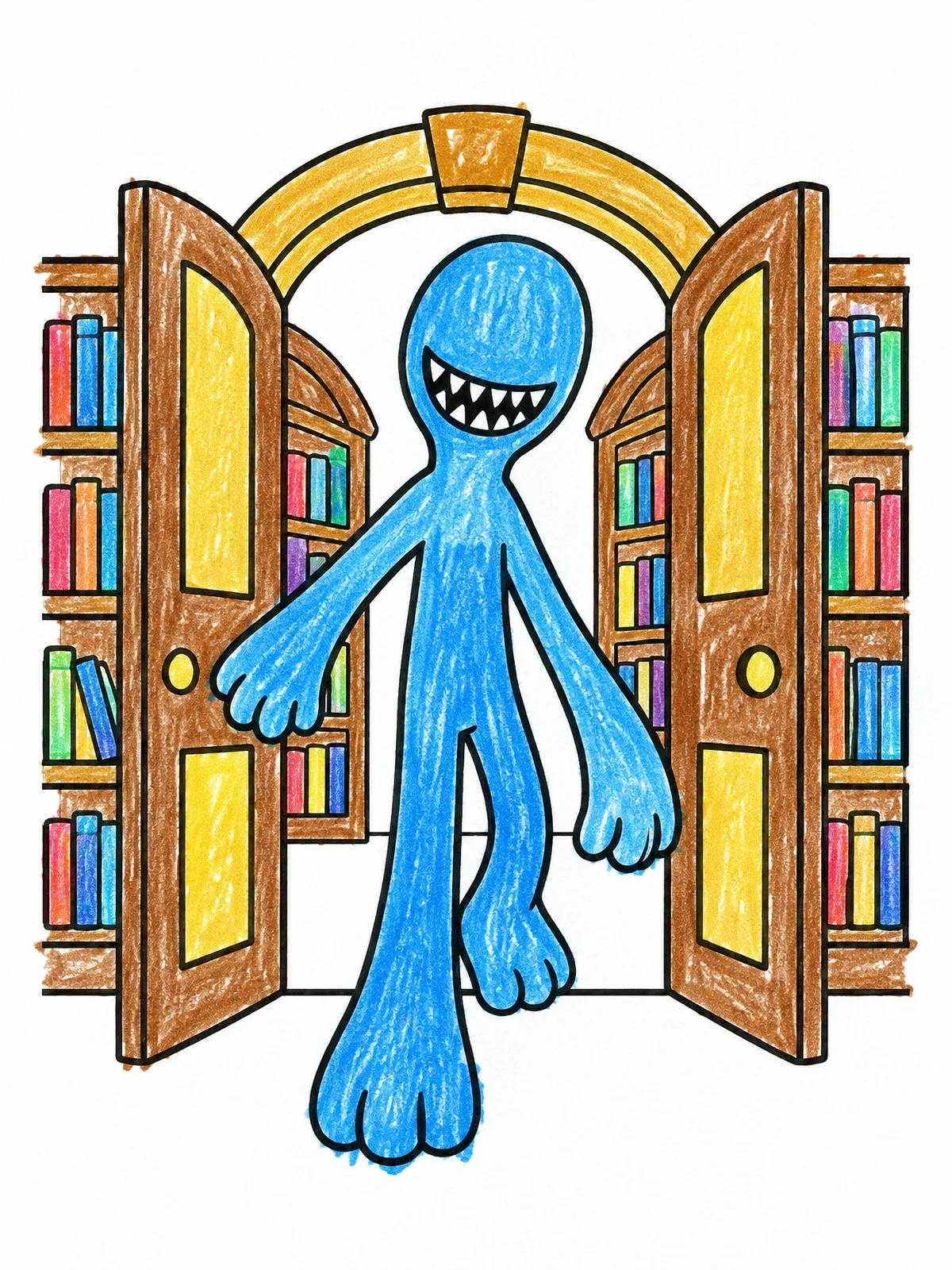 Colored example of the Creature Stepping Through Library Doors coloring page