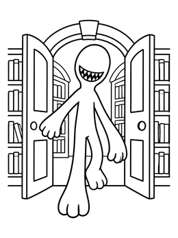 Free printable Creature Stepping Through Library Doors coloring page