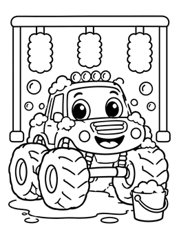 A cheerful cartoon truck enjoys soap bubbles on this monster truck coloring page.