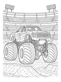 A detailed monster truck coloring page inside an arena surrounded by spectator stands.