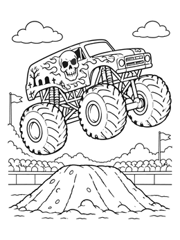 Free printable Monster Truck Jumping Dirt Mound coloring page