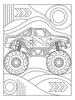 A detailed monster truck coloring page showcasing heavy-duty shock absorbers against an abstract background.