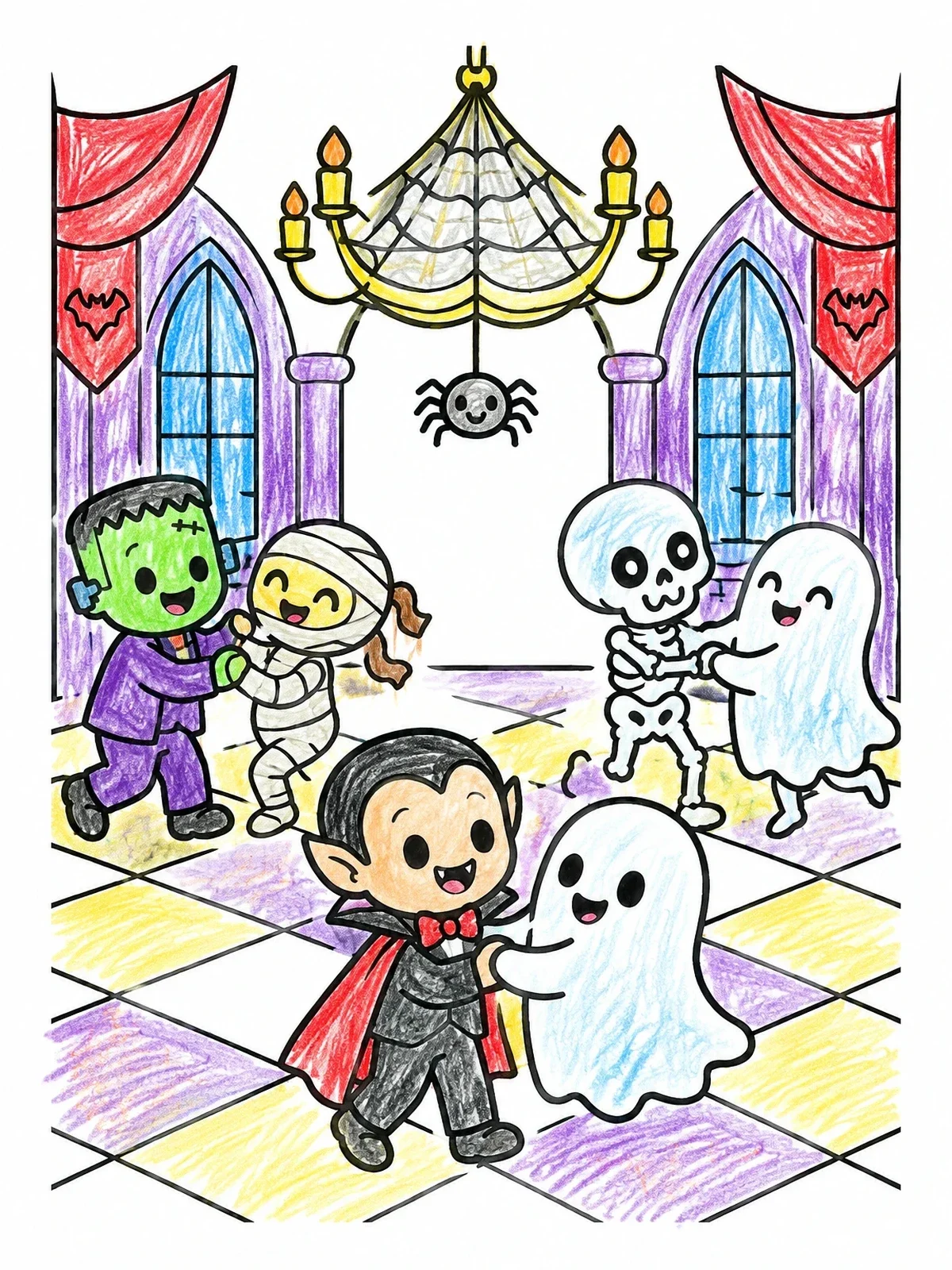 Colored example of the Monsters Dancing In Hotel Ballroom coloring page