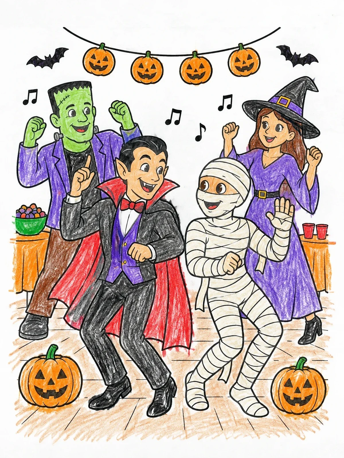 Colored example of the Monsters Dancing At Halloween Party coloring page