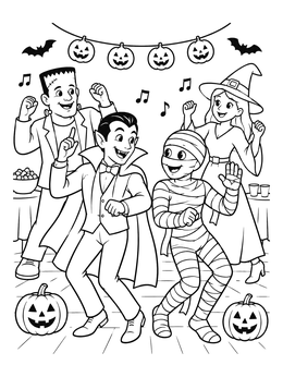 Friendly monsters celebrating together in this halloween dance coloring page.