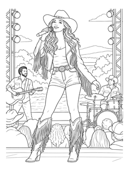 A female singer on an outdoor stage in this Montana coloring page with her backing band.