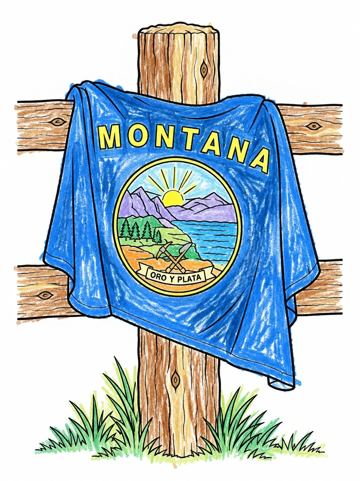 Colored example of the Montana Flag On Wooden Fence Post coloring page