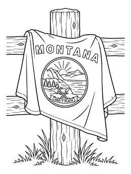 A montana coloring page showing the state flag draped over a rustic wooden ranch fence.