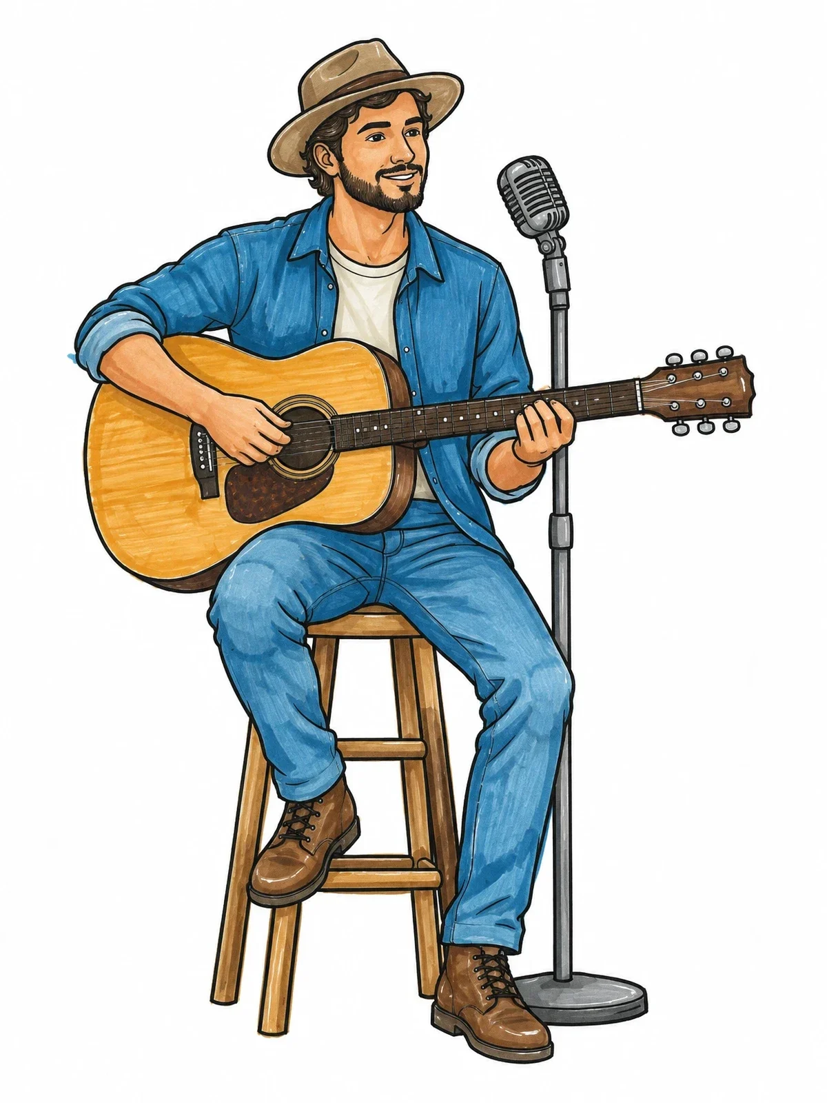 Colored example of the Folk Musician With Acoustic Guitar coloring page