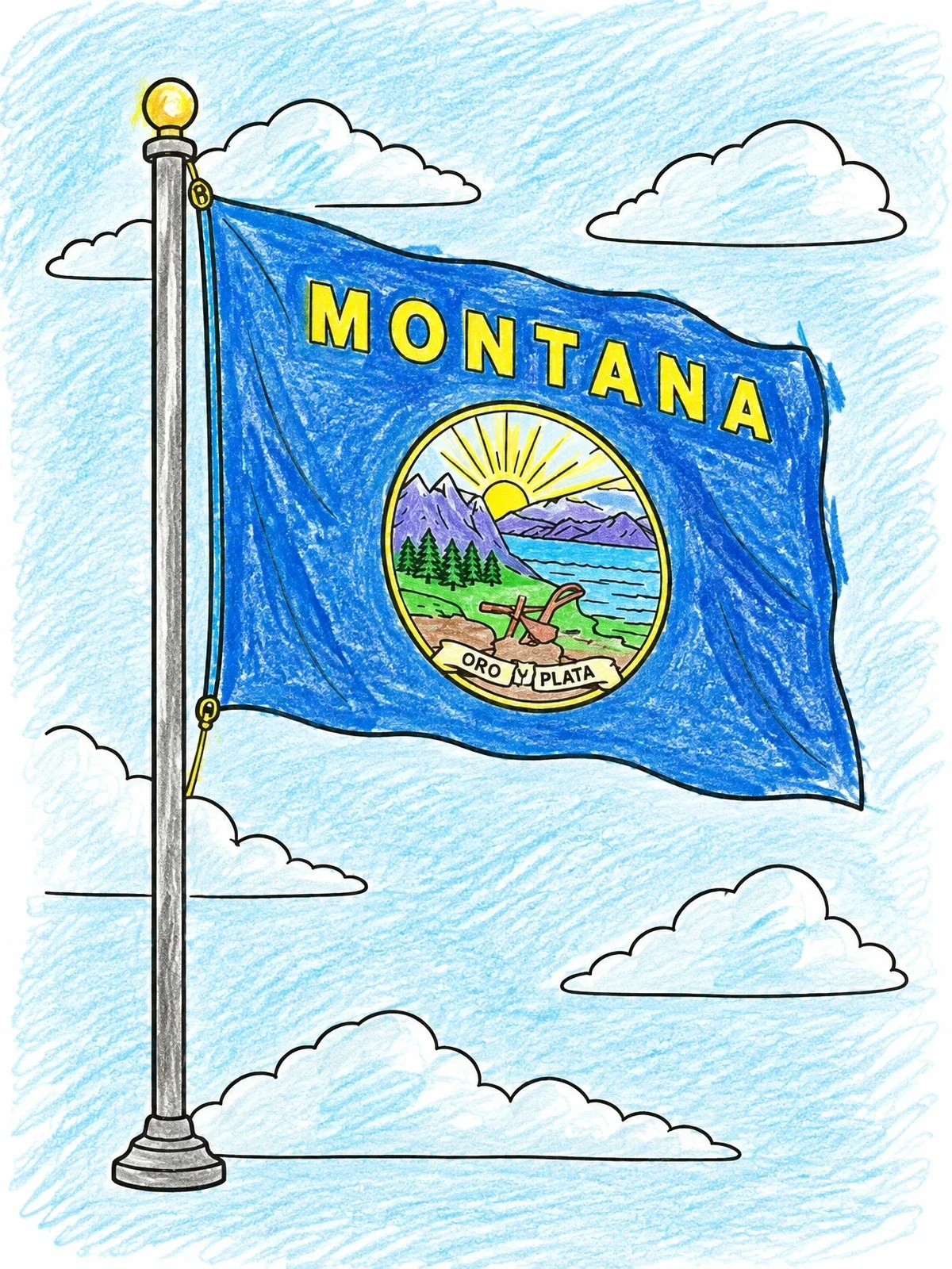 Colored example of the Montana State Flag On Flagpole coloring page