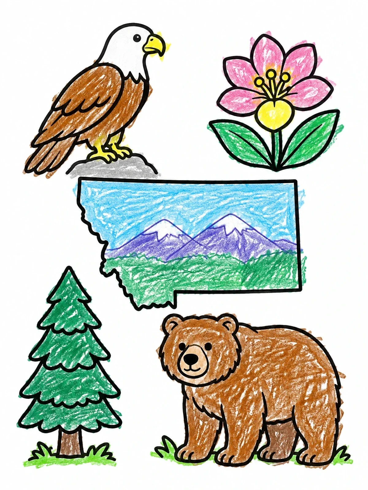 Colored example of the Montana Symbols And State Map coloring page
