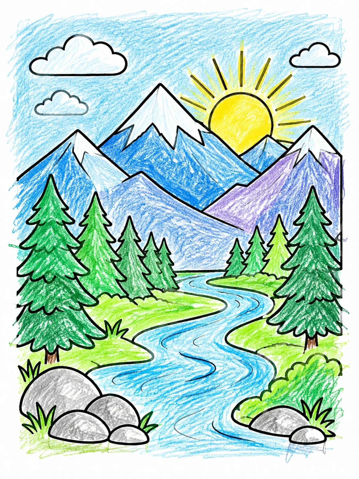 Colored example of the Sunny Rocky Mountains And Winding River coloring page