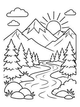 Free printable Sunny Rocky Mountains And Winding River coloring page