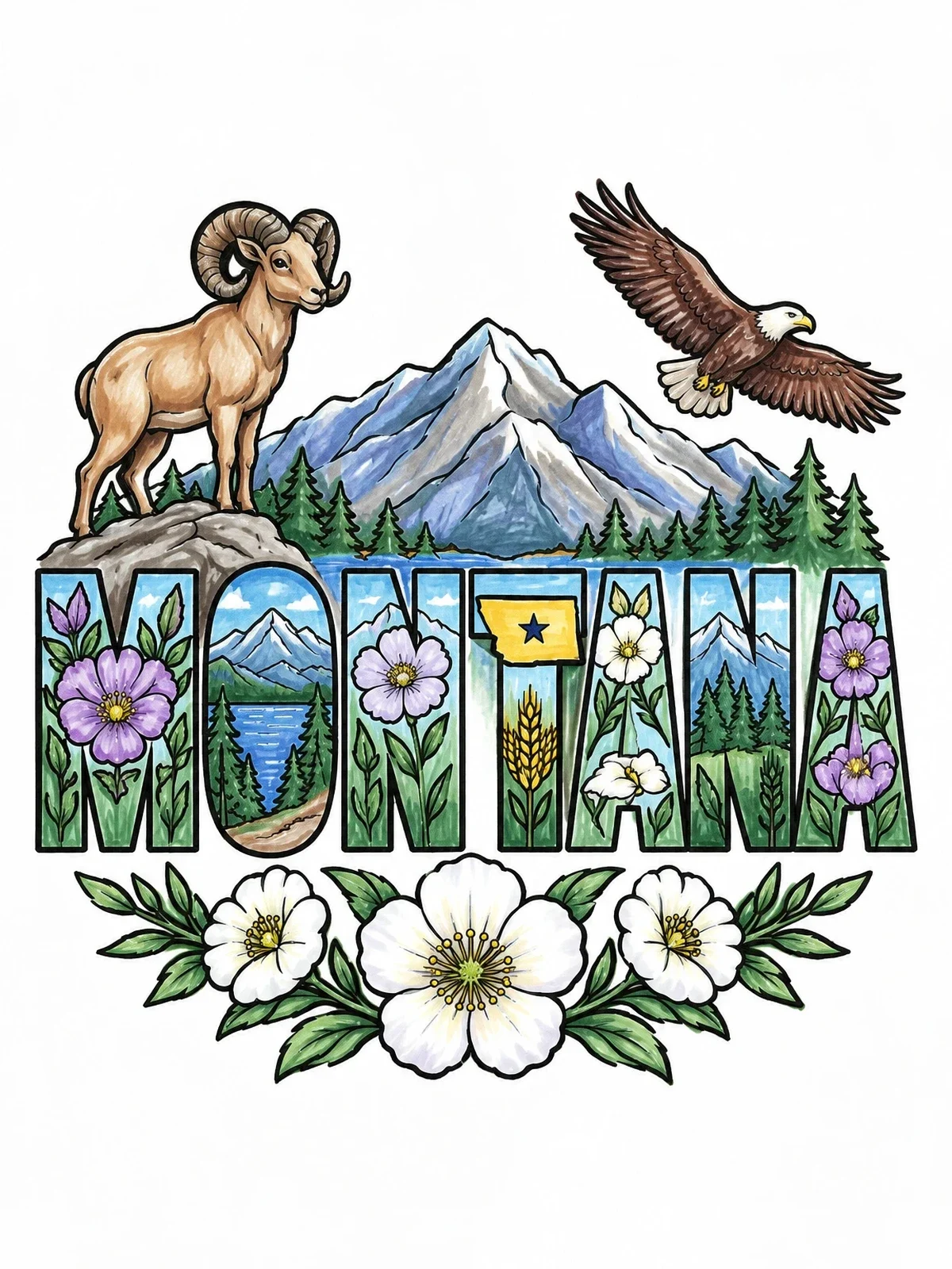 Colored example of the Montana Wildlife And Mountain Landscape coloring page