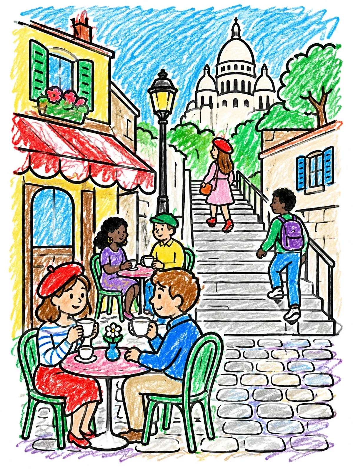 Colored example of the Montmartre Cafe And Stone Stairs coloring page