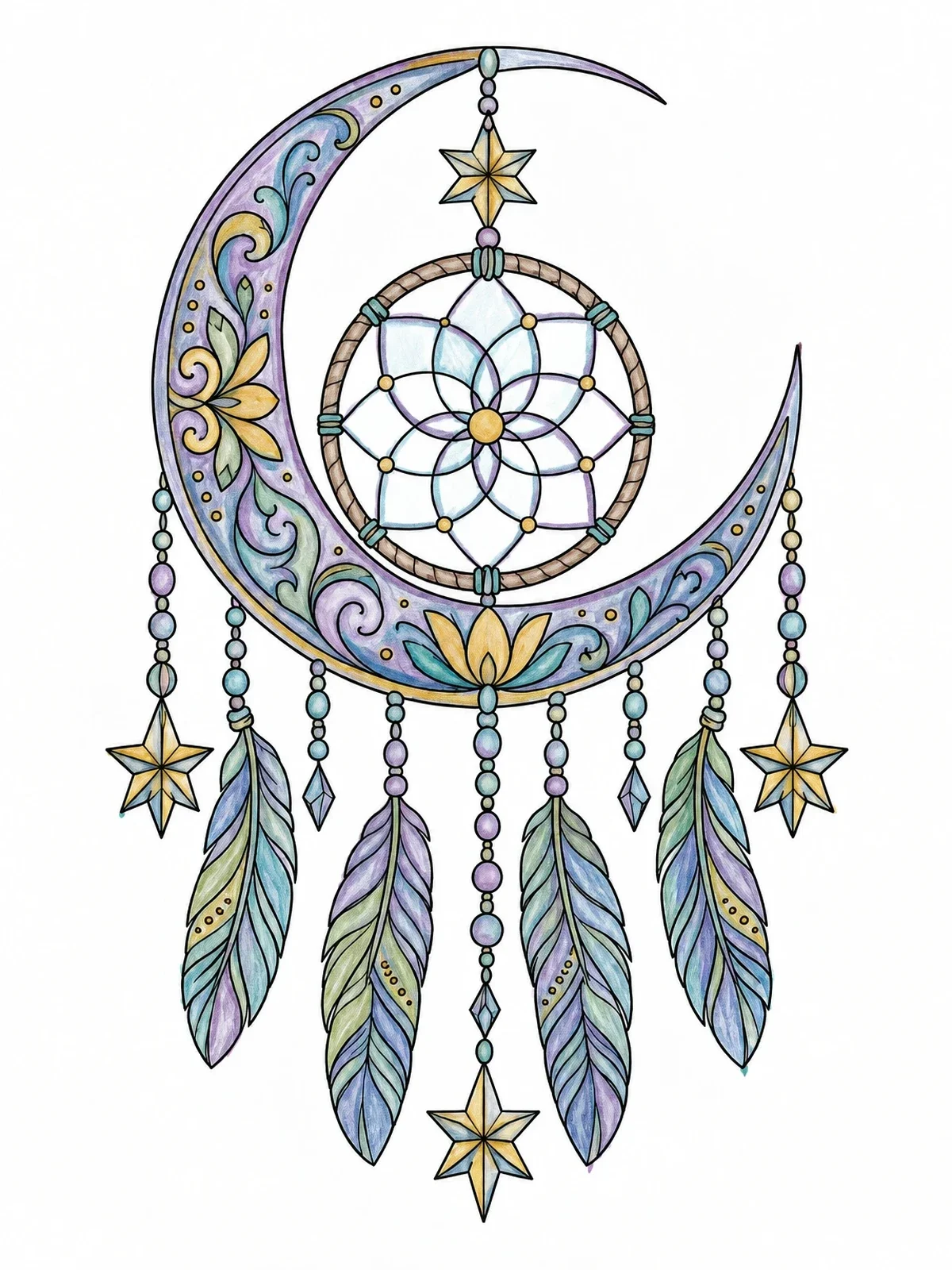 Colored example of the Crescent Moon Dreamcatcher With Stars coloring page