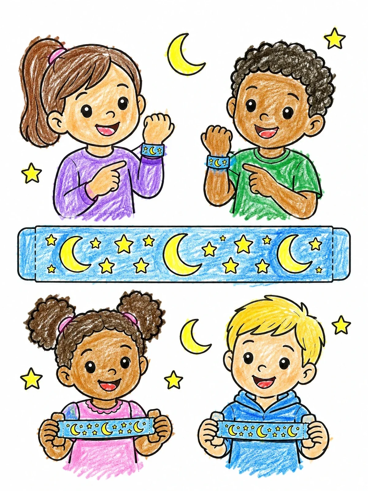 Colored example of the Moon And Stars Paper Bracelets coloring page