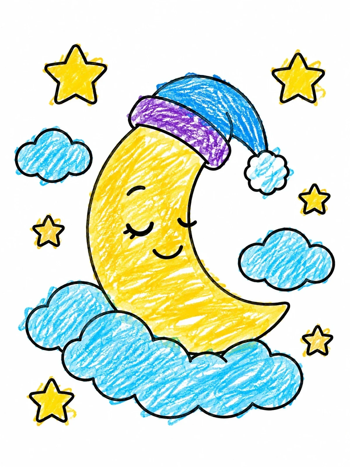 Colored example of the Sleeping Crescent Moon With Nightcap coloring page