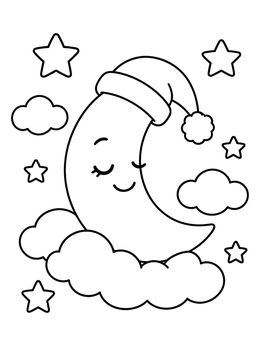Free printable Sleeping Crescent Moon With Nightcap coloring page