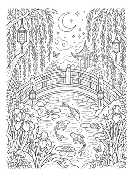 An arched bridge across a tranquil stream on this garden coloring page.