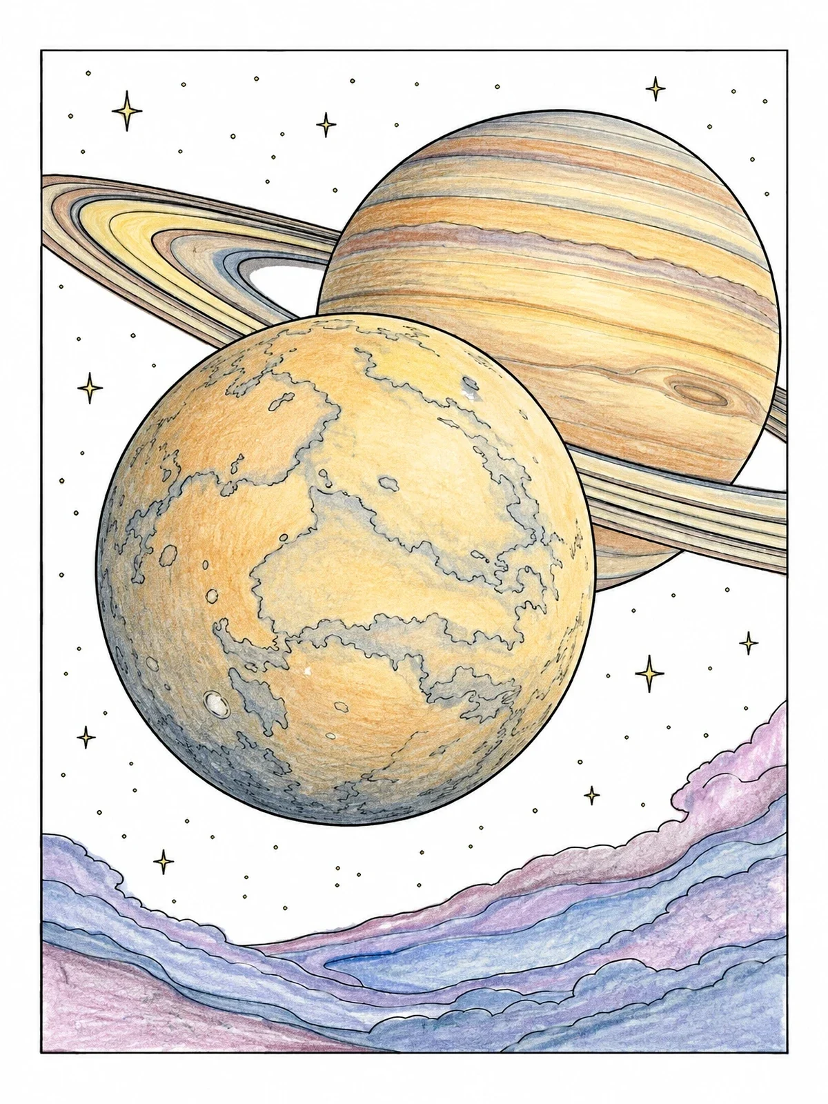 Colored example of the Moon Floating Before Ringed Saturn coloring page