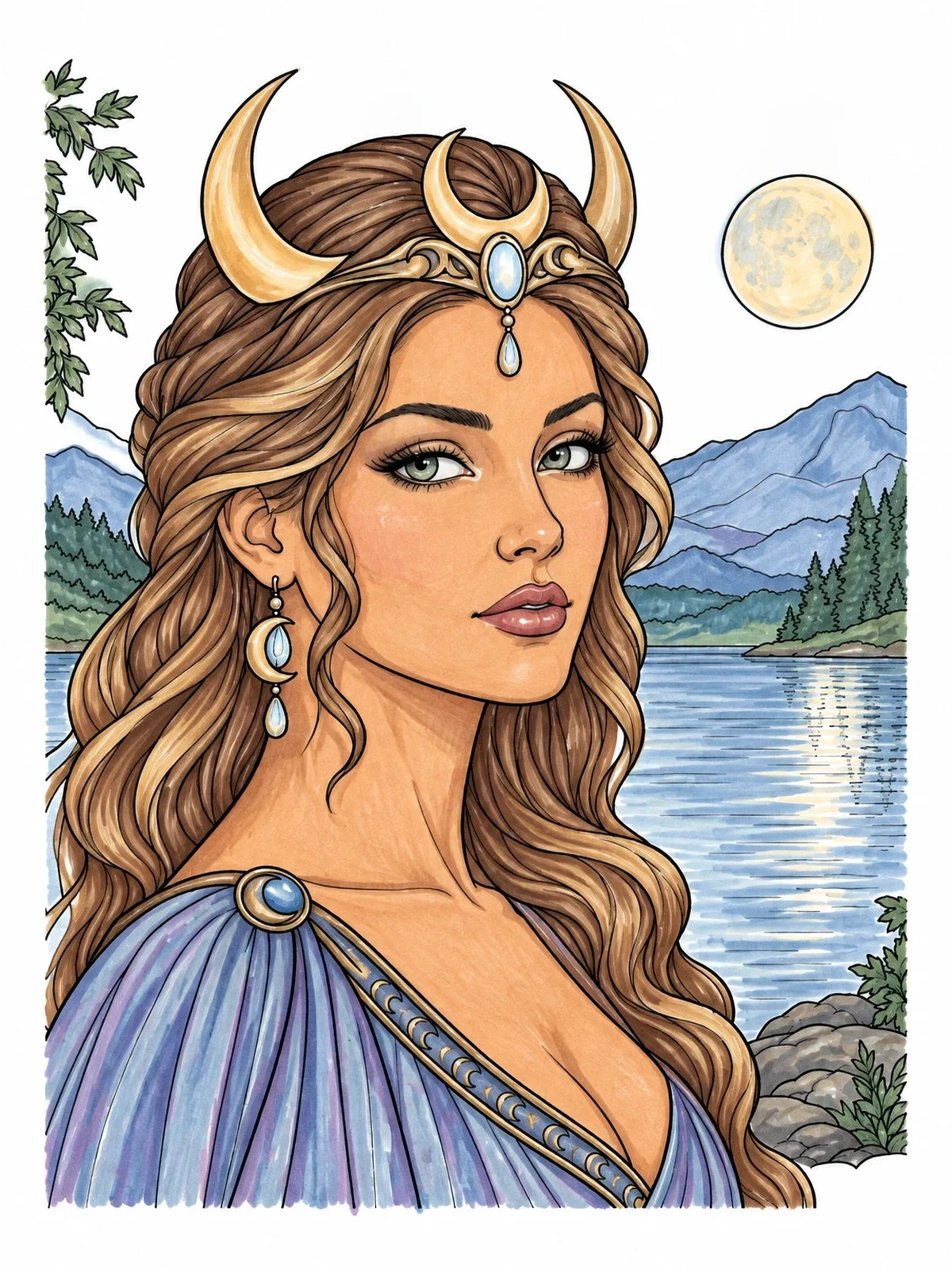 Colored example of the Moon Goddess By The Lake coloring page