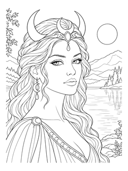 A serene goddess coloring page featuring a crowned moon deity beside a mountain lake.