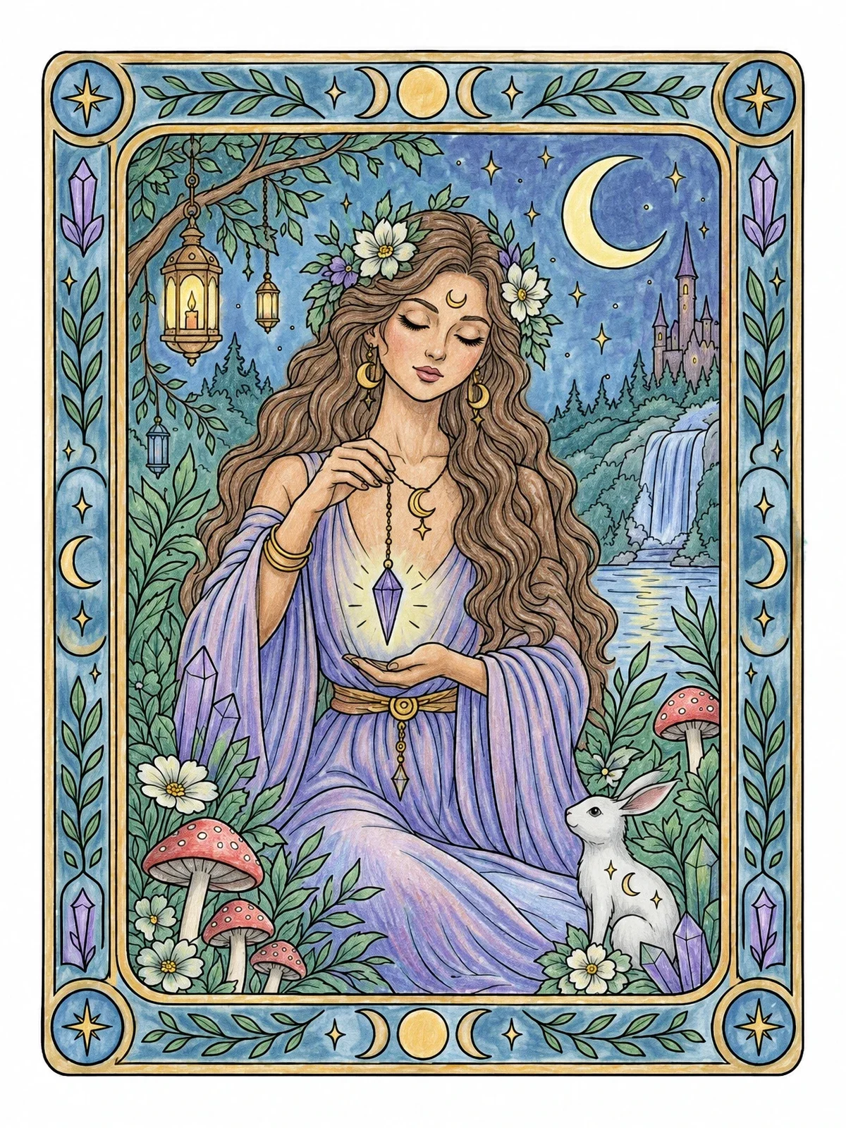 Colored example of the Moon Goddess With Crystal Pendulum coloring page