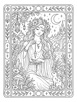 Mystical goddess coloring page framed by tarot borders with crystals, mushrooms, and a rabbit.