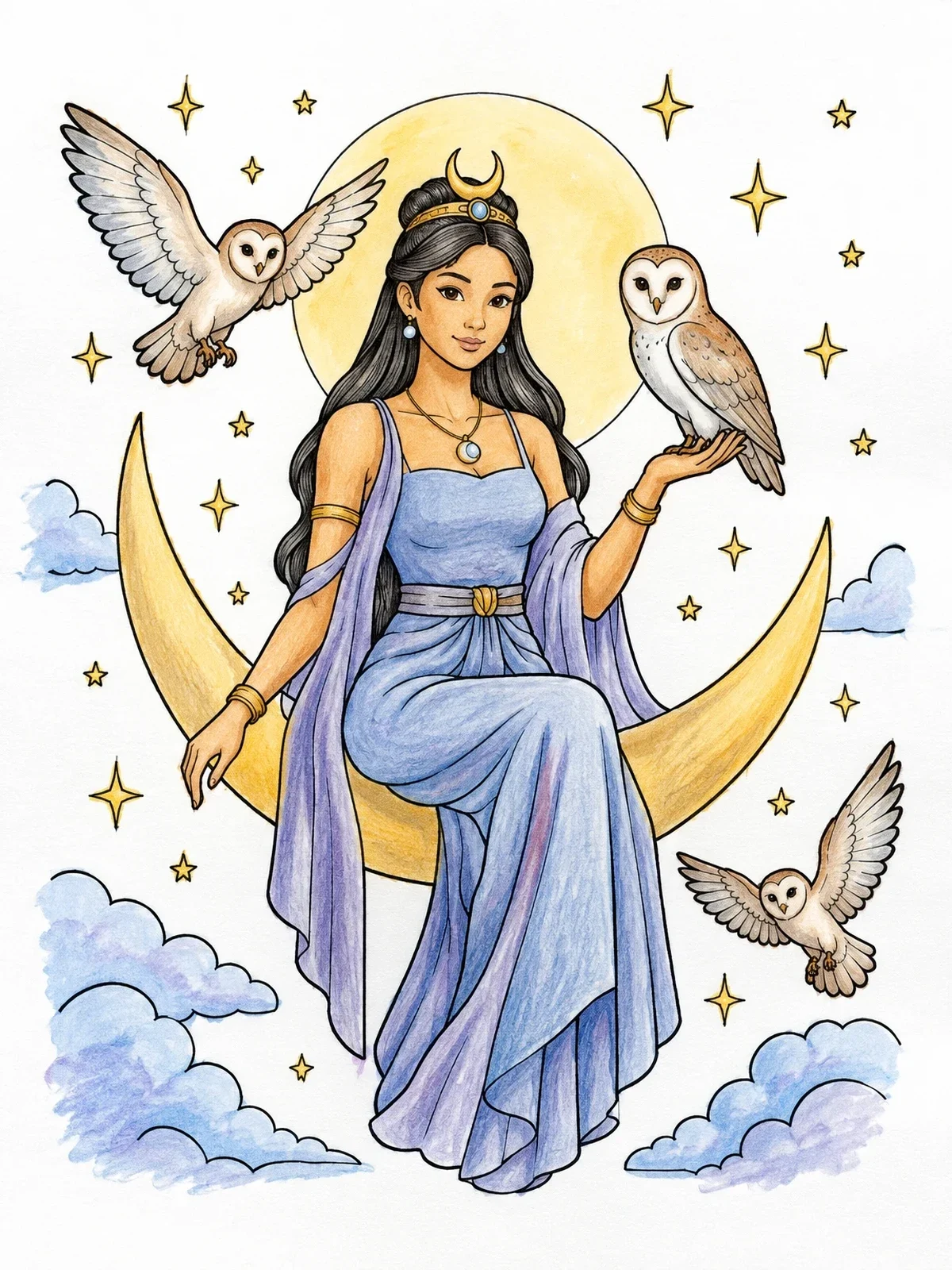 Colored example of the Moon Goddess With Night Owls coloring page