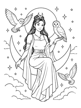 Celestial moon goddess coloring page with perching and flying barn owls among the stars.