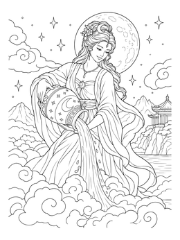 A serene moon goddess coloring page showing water poured from an urn over soft clouds.