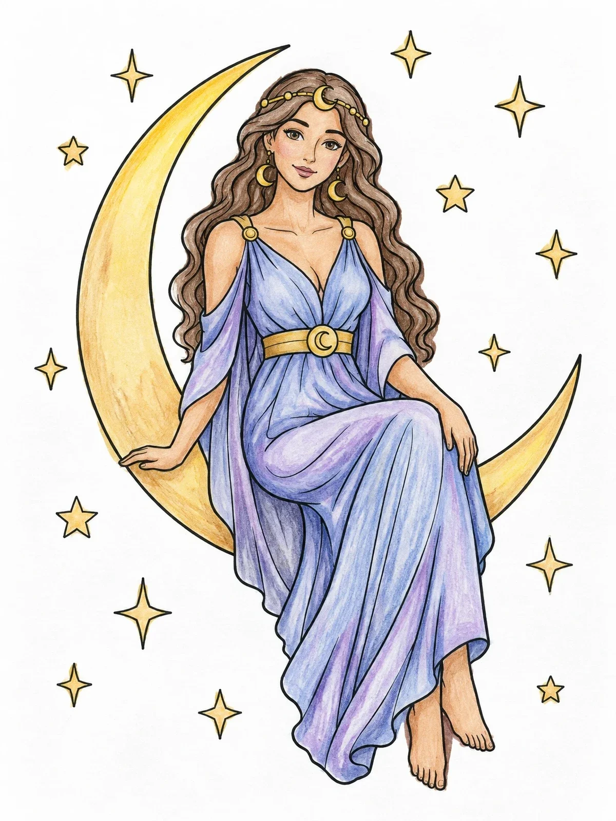 Colored example of the Moon Goddess On Crescent Moon coloring page