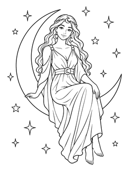 A serene moon goddess coloring page featuring a celestial maiden sitting on a crescent moon among stars.