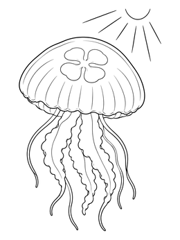 A moon jellyfish coloring page floating in the sea beneath bright sunbeams.