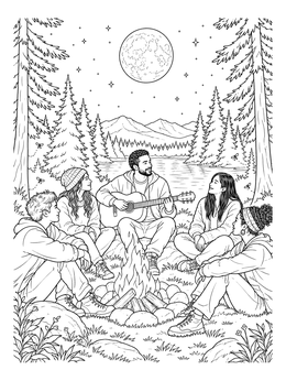 Friends gather around a campfire in this moon night coloring page.