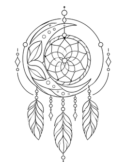 A decorative moon night coloring page featuring an ornate crescent moon dreamcatcher with hanging feathers.