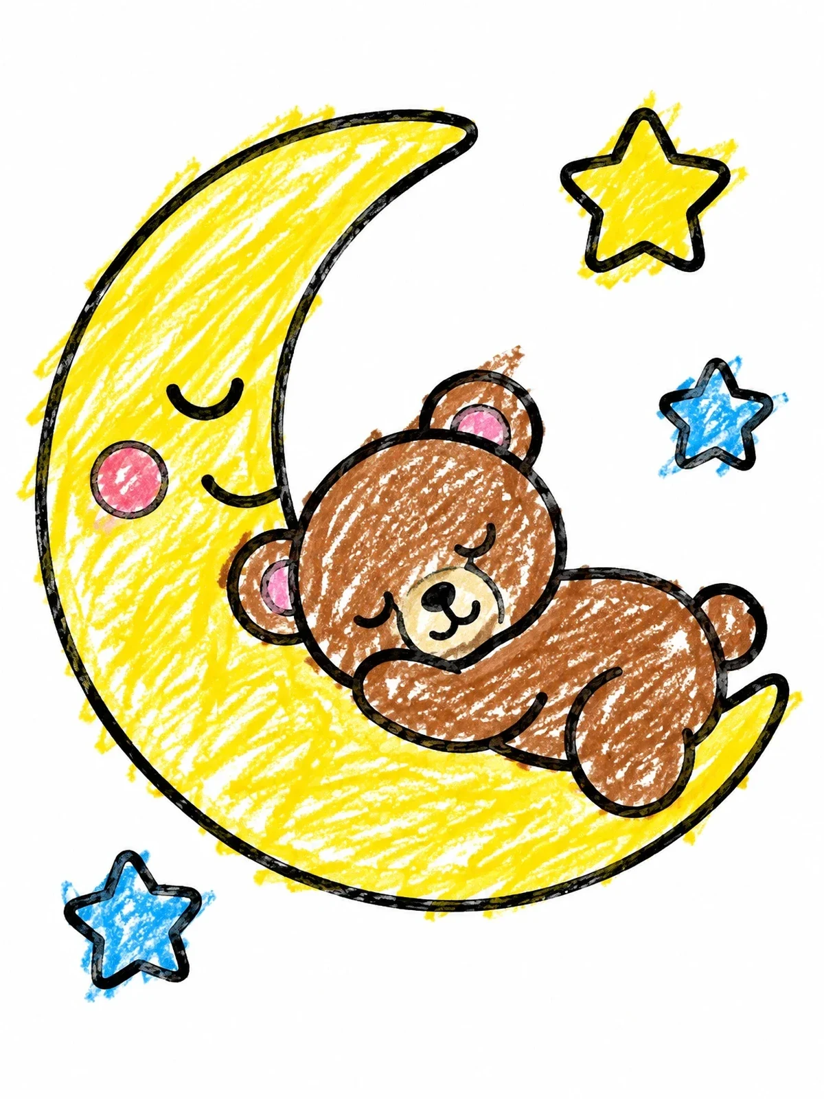 Colored example of the Teddy Bear Sleeping On Crescent Moon coloring page