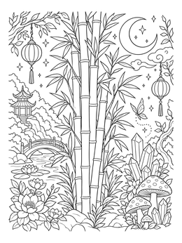 Detailed bamboo coloring page featuring stalks, lanterns, crystals, and a pagoda under a crescent moon.