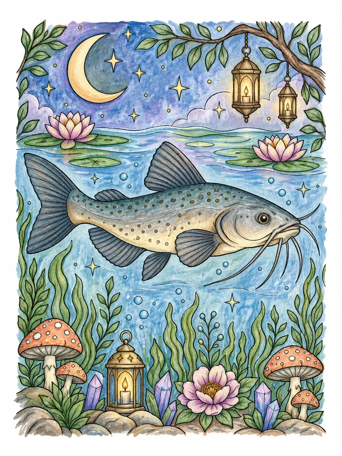 Colored example of the Moonlit Catfish In A Whimsical Pond coloring page