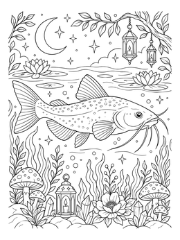 A detailed catfish coloring page featuring glowing lanterns, water lilies, and a crescent moon.