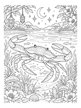 Detailed crab coloring page beneath a night sky with hanging lanterns and flowers.