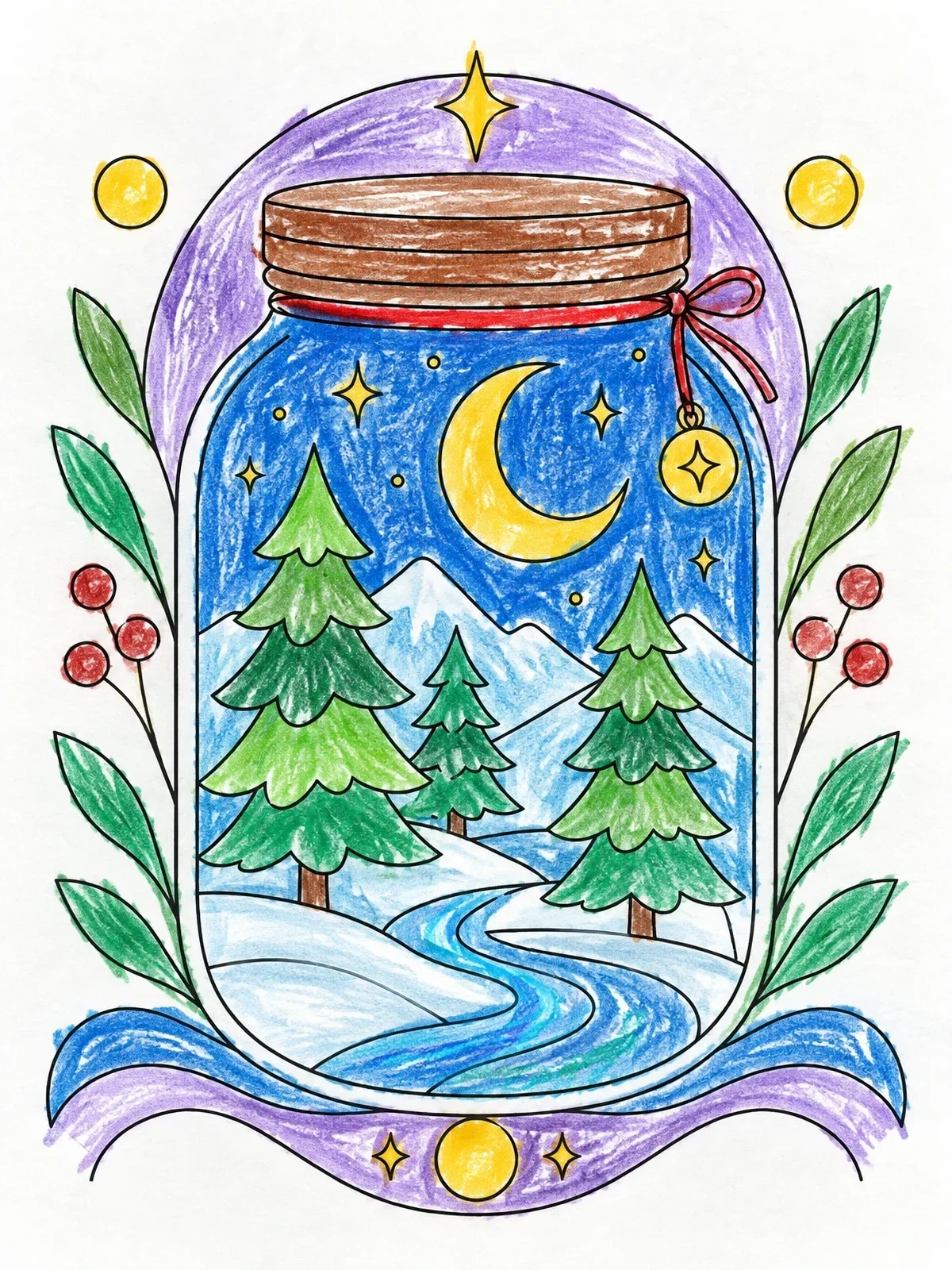 Colored example of the Moonlit Forest In A Mason Jar coloring page