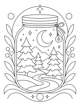 A peaceful night forest scene inside a mason jar coloring page with a crescent moon.