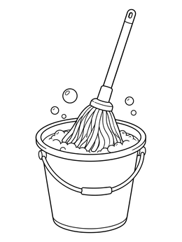 A cleaning coloring page showing a mop resting inside a soapy bucket with bubbles.